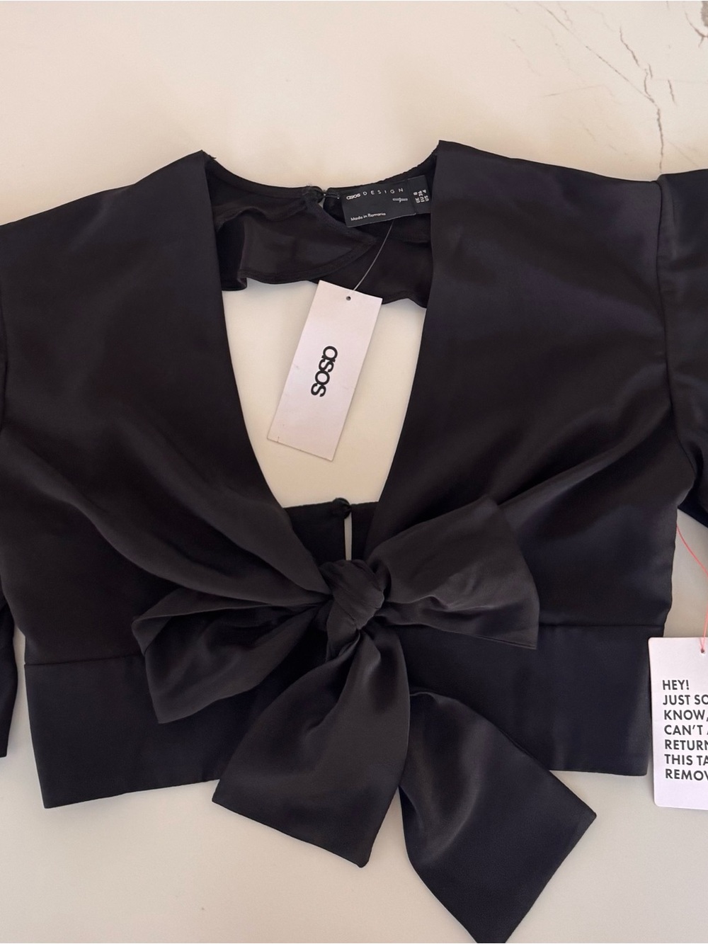 ASOS Black Satin Front-Tie Crop Top